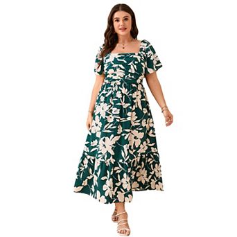 Women Plus Size Casual Floral Square Neck Dress