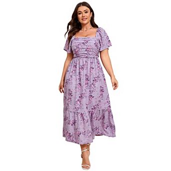 Women Plus Size Casual Floral Square Neck Dress