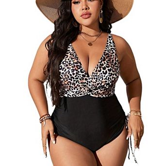 Women Plus Size One Piece Swimsuits Tummy Control Bathing Suits V Neck Color Block Swimwear