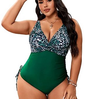 Women Plus Size One Piece Swimsuits Tummy Control Bathing Suits V Neck Color Block Swimwear