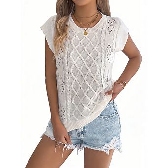 Womens Casual Tank Top Crewneck Cap Sleeve Shirts Lightweight Crochet Knit Texture Summer Tee