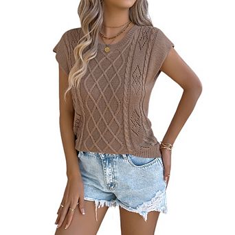 Womens Casual Tank Top Crewneck Cap Sleeve Shirts Lightweight Crochet Knit Texture Summer Tee
