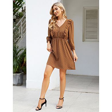 Women Lantern Long Sleeve Casual Swiss Dot Ruffle Dress
