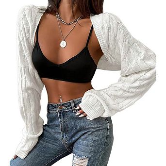 Womens Long Sleeve Open Front Crop Drop Shoulder Shrugs Knit Bolero Sweater Cardigan