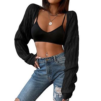 Womens Long Sleeve Open Front Crop Drop Shoulder Shrugs Knit Bolero Sweater Cardigan