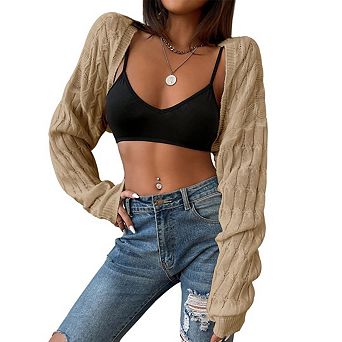 Womens Long Sleeve Open Front Crop Drop Shoulder Shrugs Knit Bolero Sweater Cardigan