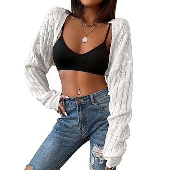 Womens Long Sleeve Open Front Crop Drop Shoulder Shrugs Knit Bolero Sweater Cardigan