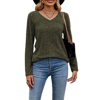 Women's V Neck Long Sleeve Shirt Fashion Lightweight Tops Casual Loose Fit Trendy Work Outfits