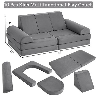 10-Piece Modular Kids Couch, Convertible Foam Activity Couch Play Furniture Set for Creative Play