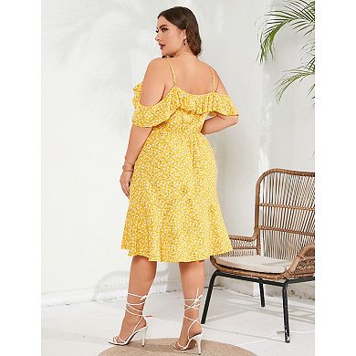 Plus Size Women Elegant Ruffle Cold Shoulder Floral Dress
