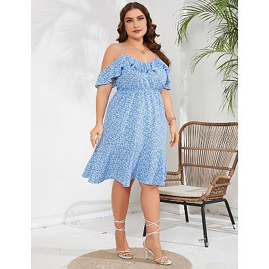 Plus Size Women Elegant Ruffle Cold Shoulder Floral Dress