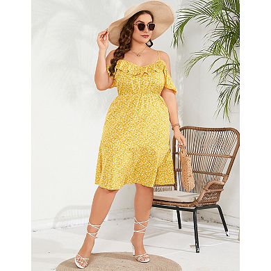 Plus Size Women Elegant Ruffle Cold Shoulder Floral Dress