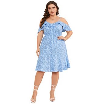 Plus Size Women Elegant Ruffle Cold Shoulder Floral Dress