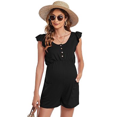 Women Casual Maternity High Waist Short Sleeve Button Romper
