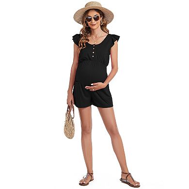 Women Casual Maternity High Waist Short Sleeve Button Romper