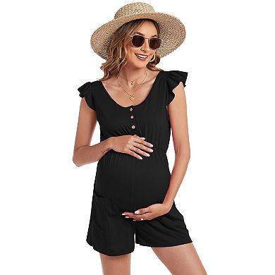 Women Casual Maternity High Waist Short Sleeve Button Romper