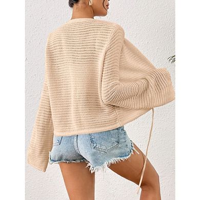 Women's Crochet Lightweight Cardigan Sweater Cropped Button Down Hollow Out Bell Long Sleeve Tops