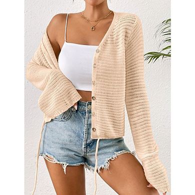 Women's Crochet Lightweight Cardigan Sweater Cropped Button Down Hollow Out Bell Long Sleeve Tops