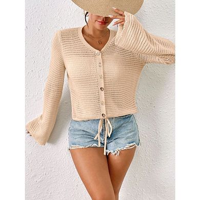 Women's Crochet Lightweight Cardigan Sweater Cropped Button Down Hollow Out Bell Long Sleeve Tops