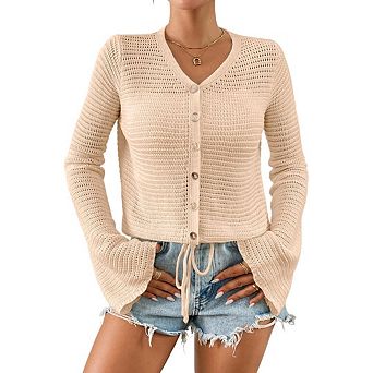 Women's Crochet Lightweight Cardigan Sweater Cropped Button Down Hollow Out Bell Long Sleeve Tops