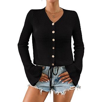 Women's Crochet Lightweight Cardigan Sweater Cropped Button Down Hollow Out Bell Long Sleeve Tops