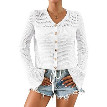 Women's Crochet Lightweight Cardigan Sweater Cropped Button Down Hollow Out Bell Long Sleeve Tops