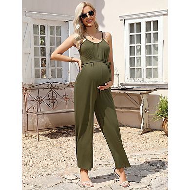 Women Maternity Sleeveless Tie Waist Spaghetti Strap Jumpsuit