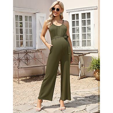 Women Maternity Sleeveless Tie Waist Spaghetti Strap Jumpsuit