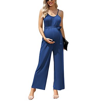 Women Maternity Sleeveless Tie Waist Spaghetti Strap Jumpsuit