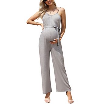 Women Maternity Sleeveless Tie Waist Spaghetti Strap Jumpsuit