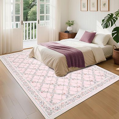 Modern Floral Area Rug Low Pile Stain Resistant Thin Soft Throw Carpet