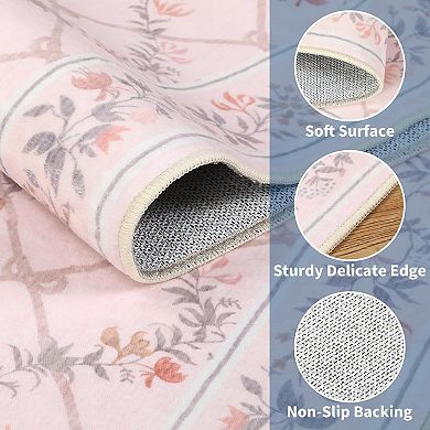 Modern Floral Area Rug Low Pile Stain Resistant Thin Soft Throw Carpet