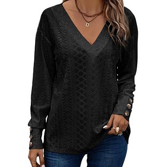 Womens Blouses Dressy Casual V Neck Long Sleeve Shirts Buttons Business Casual Embroidered Tops