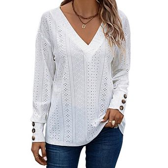 Womens Blouses Dressy Casual V Neck Long Sleeve Shirts Buttons Business Casual Embroidered Tops