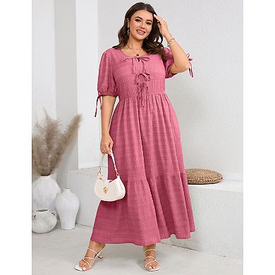 Plus Size Women Casual Ruched Tie Front Solid Dress
