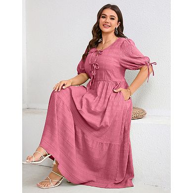Plus Size Women Casual Ruched Tie Front Solid Dress