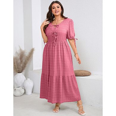 Plus Size Women Casual Ruched Tie Front Solid Dress