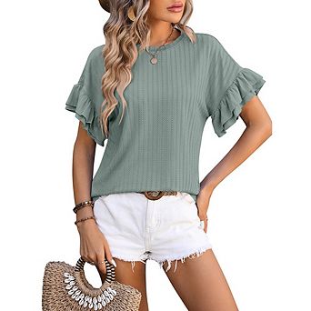 Womens Blouse Round Neck Ruffle Short Sleeve Texture Knit Loose Fit Casual Top Summer Soft Daily Top