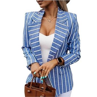 Womens Casual Blazer Causal Stripe Notch Lapel Long Sleeve Open Front Jacket for Office Work Daily