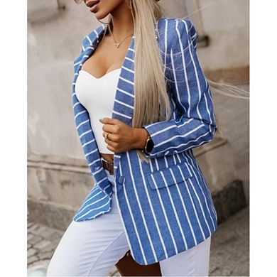 Womens Casual Blazer Causal Stripe Notch Lapel Long Sleeve Open Front Jacket for Office Work Daily