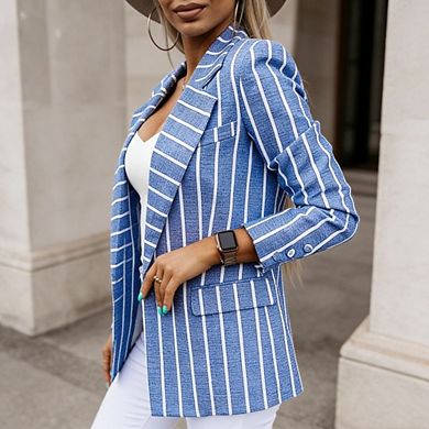 Womens Casual Blazer Causal Stripe Notch Lapel Long Sleeve Open Front Jacket for Office Work Daily