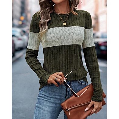 Womens Lightweight Sweaters Long Sleeve Knit Stripe Sweater Crewneck Tops Casual Fall Tunic