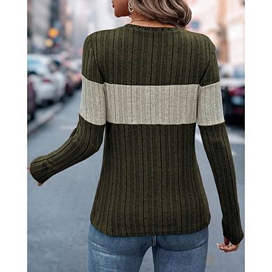 Womens Lightweight Sweaters Long Sleeve Knit Stripe Sweater Crewneck Tops Casual Fall Tunic
