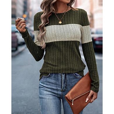 Womens Lightweight Sweaters Long Sleeve Knit Stripe Sweater Crewneck Tops Casual Fall Tunic