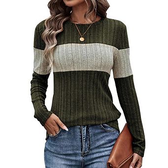 Womens Lightweight Sweaters Long Sleeve Knit Stripe Sweater Crewneck Tops Casual Fall Tunic