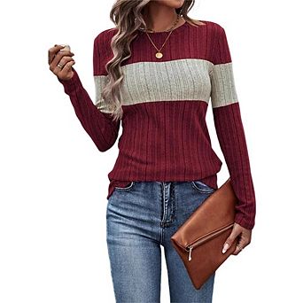 Womens Lightweight Sweaters Long Sleeve Knit Stripe Sweater Crewneck Tops Casual Fall Tunic
