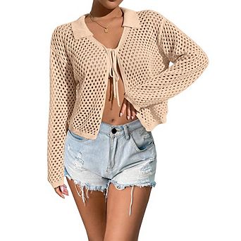 Womens Casual Crop Cardigan Long Sleeve Knit Tie Front Sweater Causal Hollow Out Beach Summer Tops