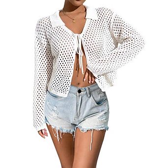 Womens Casual Crop Cardigan Long Sleeve Knit Tie Front Sweater Causal Hollow Out Beach Summer Tops