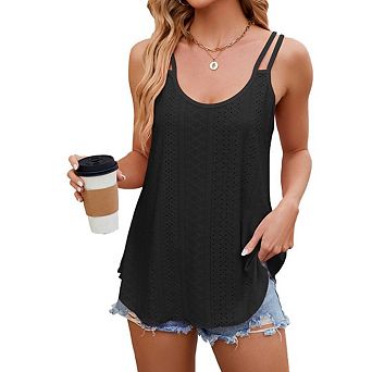 Women's Tank Tops Sleeveless Eyelet Embroidery Spaghetti Strap Scoop Neck Loose Casual Flowy Shirts