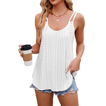 Women's Tank Tops Sleeveless Eyelet Embroidery Spaghetti Strap Scoop Neck Loose Casual Flowy Shirts